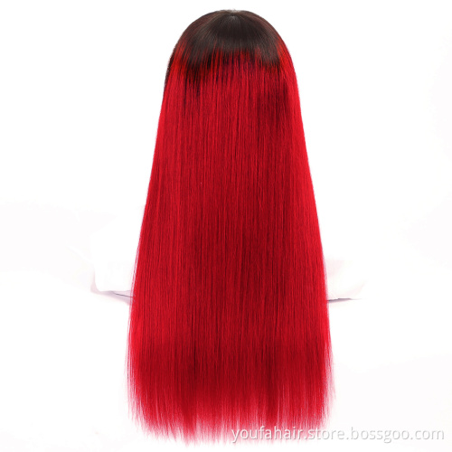 Cheap Price Remy Human Hair Straight 1b Red Ombre Color Bangs Wig Cuticle Aligned Non Lace Full Machine Made Wig for Black Women